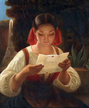 Фердинанд Теодор Хильдебрандт. Читающая итальянка. Холст, масло. 37х32. 1848. Частная коллекция.