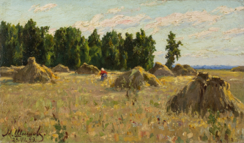 Шишов Михаил Михайлович. Хлебное поле. Холст на картоне, масло. 14х23,5. 1899. Нижегородский государственный художественный музей.