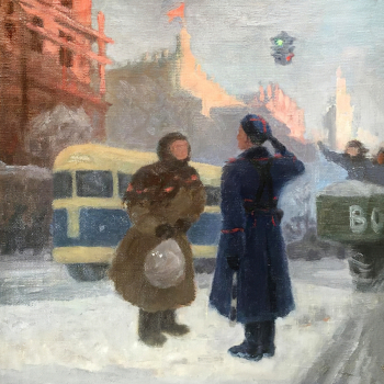 Козловский Валерий Мечиславович. Женщина и милиционер. Холст, масло. 41х36. 1950-е. Воронежский областной краеведческий музей.