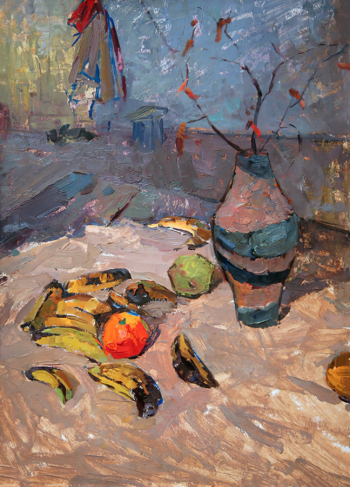 Ковешникова Майя Дмитриевна. Натюрморт с бананами. Картон, масло. 70х50. 1963. Государственный художественный музей Алтайского края.