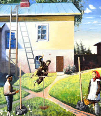 Вуори Андрей Иванович. Игры во дворе. ДВП, масло. 54,5х59. 1986. Музей Кондопожского края.