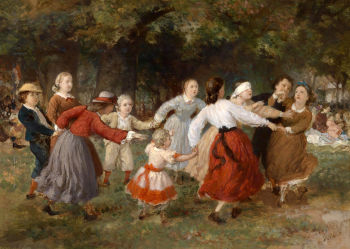 Фердинанд Лауфбергер. Игра в Слепую корову. Доска, масло. 27х37. 1865. Частная коллекция.