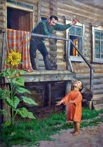 Чистосердов Василий Николаевич. Игра с ребёнком. Холст, масло. 129х92. 1930. Соликамский краеведческий музей.
