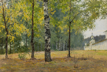 Леднев-Щукин Сергей Евграфович. Осенний этюд с монастырской стеной. Холст на картоне, масло. 16,7х45,8. 20 век. Нижегородский государственный художественный музей.