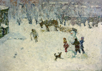 Чехлов Анатолий Иванович. Зимние забавы. Картон, масло. 48,5х69,5. 1970-е. Историко-этнографический музей-заповедник Шушенское.