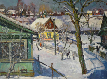 Ярош Валерий Иванович. Пейзаж со снежной бабой. Холст, масло. 60х80. 1995. Кингисеппский историко-краеведческий музей.