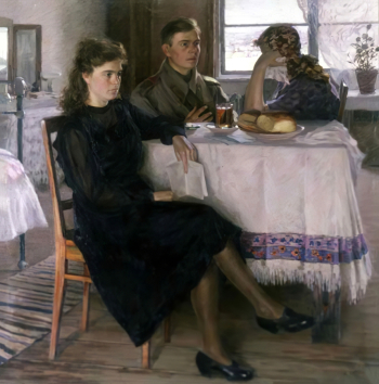 Семёнов Тихон Петрович. Печальные вести. Письмо с фронта. Холст, масло. 151х151. 1948. Ростовский областной музей изобразительных искусств.