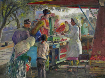 Вахрутдинов Михаил Михайлович. Распродажа помидор. Холст, масло. 60х80. 1975. Историко-этнографический музей-заповедник Шушенское.