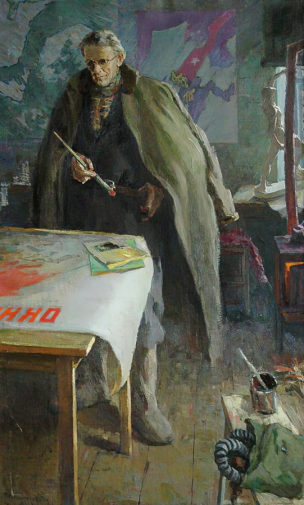 Прытков Александр Андреевич. Художник у плаката Великой Отечественной войны. Холст, масло. 137х85. 1970. Государственный музей изобразительных искусств Республики Татарстан.