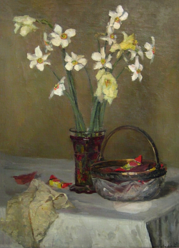Людевиг Ольга Николаевна. Нарциссы. Холст, масло. 70х50. До 1954 года. Курганский областной художественный музей.