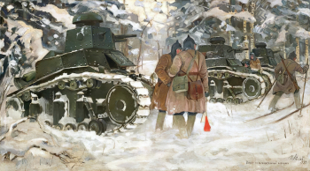 Авилов Михаил Иванович. Танки на выжидательной позиции. Холст, масло. 78х110. 1932. Вологодская областная картинная галерея.