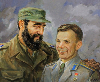 Петров Николай Григорьевич. Юрий Гагарин и Фидель Кастро. Оргалит, темпера. 47х57. 1983. Объединённый мемориальный музей Ю.А.Гагарина.