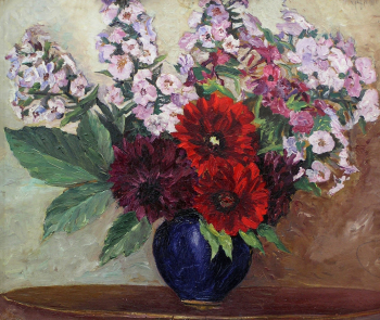 Булычёв Константин Михайлович. Георгины и флоксы. Картон, масло. 41х33,1. Картинная галерея (Красноармейск).