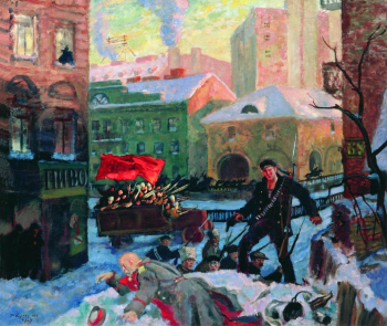 Кустодиев Борис Михайлович. Октябрь в Петрограде. Холст, масло. 76х90. 1927. Государственная Третьяковская галерея.