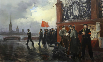 Печатин Валентин Александрович. Октябрьские дни в Петрограде 1917 года. Холст, масло. 95х160. 1987. Центральный военно-морской музей.