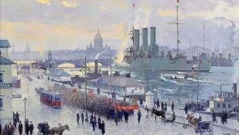 Чупрун Евгений Романович. Утренняя заря 26 октября 1917 года. Холст, масло. 50х90. 1987. Центральный военно-морской музей.
