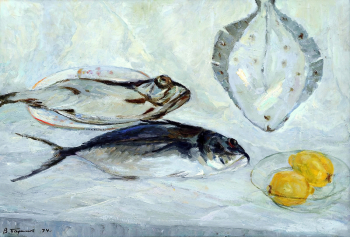 Баранов Василий Григорьевич. Натюрморт с рыбами. Картон, масло. 48,5х70. 1974. Мурманский областной художественный музей.