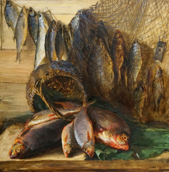 Неустроев Сергей Васильевич. Натюрморт с рыбой. Картон, масло. 80х80. 1977. Государственный музей изобразительных искусств Республики Татарстан.