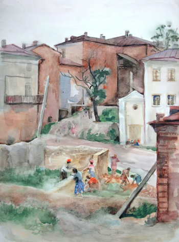 Боровская Анна Казимировна. Брянск восстанавливается. Бумага, акварель. 42,6х31,4. 1943. Нижнетагильский музей изобразительных искусств.