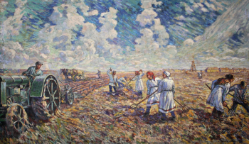 Горбунцов Павел Тимофеевич. Запашка навоза трактором. Холст, масло. 119х200. 1933. Национальный музей Республики Марий Эл имени Тимофея Евсеева.