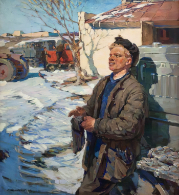 Желтяков Евгений Иванович. Весне навстречу. Тракторист. Холст, темпера. 119х110. 1964. Волгоградский музей изобразительных искусств имени И.И.Машкова.