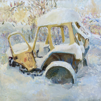 Ромадина Нина Степановна. Трактор. Холст, масло. 91,5х91,5. 1987. Новгородский государственный объединенный музей-заповедник.