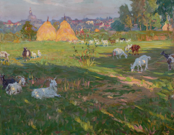 Лаховский Арнольд Борисович. Козы на лугу. Картон, масло. 51,5х66. 1911. Пермская государственная художественная галерея.