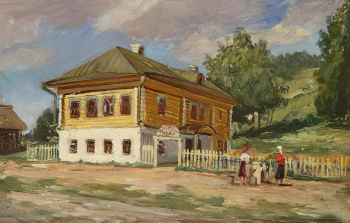 Деньшин Алексей Иванович. Детские ясли колхоза `Ударник`. Картон, масло. 31х48. 1947. Вятский художественный музей имени В.М. и А.М. Васнецовых.
