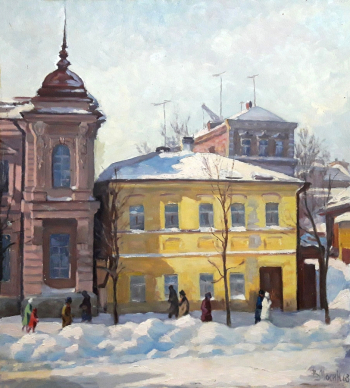 Мосин Виктор Александрович. На улице Фрунзе. Куйбышев. Картон, масло. 58х64. 1963. Бугурусланский краеведческий музей.