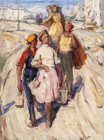 Абросимов Александр Иванович. Студентки на стройке. Картон, масло. 67х50. 1960-е. Дальневосточный художественный музей.