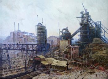 Даньшин Николай Иванович. Строительство НЛМЗ в 1934 году. Холст, масло. 69х94. 1957. Липецкий областной краеведческий музей.