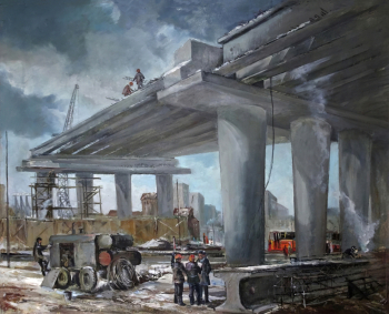 Корнилов Владимир Владимирович. Начало строительства нового моста. Холст, масло. 90х110. 1985. Калининградский областной историко-художественный музей.