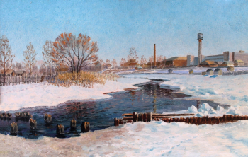 Обухов Лев Алексеевич. Старая плотина. ДВП, масло. 43х68. 20 век. Картинная галерея имени Д.А.Трубникова.