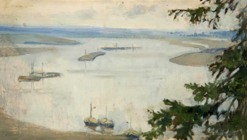 Демидов Михаил Афанасьевич. Плоты на реке. Картон, масло. 19,8х34,5. 1907-1915. Вятский художественный музей имени В.М. и А.М. Васнецовых.