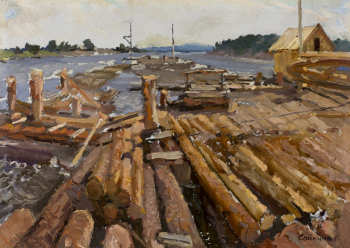 Сайкина Александра Васильевна. Плоты. Картон, масло. 25х35. 1956. Нижегородский государственный художественный музей.