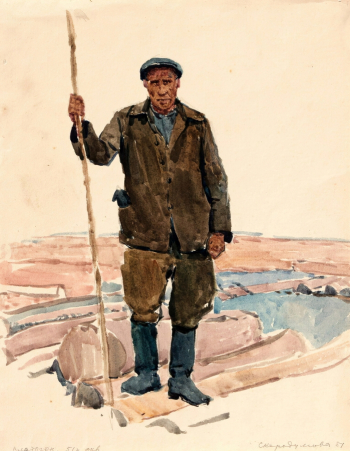 Скородумова Таисия Николаевна. Плотогон. Бумага, акварель. 25,6х19,8. 1951. Тульский музей изобразительных искусств.