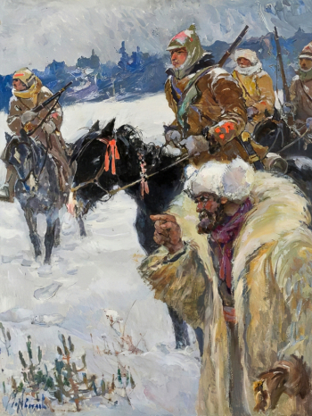 Авилов Михаил Иванович. Крестьянин, указывающий колчаковцев. Холст, масло. 82х62. 1926-1931. Вятский художественный музей имени В.М. и А.М. Васнецовых.