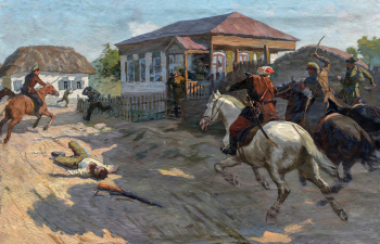 Ерохин Николай Семёнович. Разгром белых в селе Хабарном. Холст, масло. 85х131,5. 1960-е. Орский краеведческий музей.
