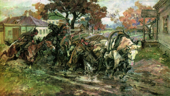 Самокиш Николай Семёнович. Нападение красной разведки на обоз белых. Холст, масло. 51,5х85. 1927. Национальный художественный музей (Киев).