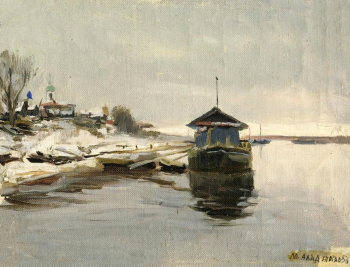 Аладжалов Мануил Христофорович. Пристань на Волге. Холст на картоне, масло. 18,5х23,5. Рязанский государственный областной художественный музей имени И.П.Пожалостина.
