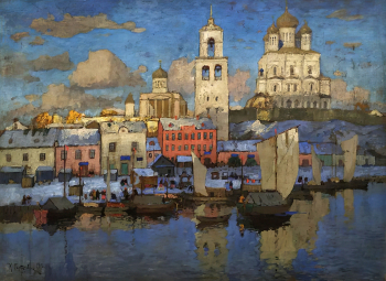 Горбатов Константин Иванович. Пристань в Пскове. Фанера, масло. 89х121. 1919. Екатеринбургский музей изобразительных искусств.