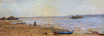 Мосолов Алексей Николаевич. Ока. Разлив. Оргалит, масло. 36х98,5. 1970. Серпуховский историко-художественный музей.