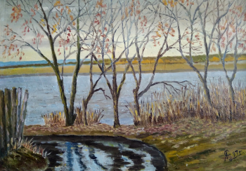 Симакин Алексей Иванович. Ока. Октябрь. Оргалит, масло. 35х50. 1997. Ступинская художественная галерея `Ника`.