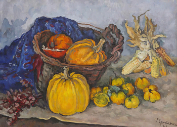 Сретенский Григорий Александрович. Тыквы, айва и кукуруза. Холст, масло. 80х110. 1968. Нижнетагильский музей изобразительных искусств.