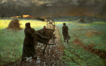 Попов Лукиан Васильевич. Переселенцы. Гроза. Холст, масло. 74,5х123. 1900-е. Оренбургский областной музей изобразительных искусств.
