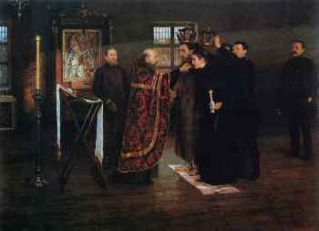 Матвеев Николай Сергеевич. Свадьба в тюрьме. Холст, масло. 72х97. 1890. Национальный музей изобразительного искусства (Кишинёв).