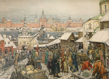 Васнецов Аполлинарий Михайлович. Торг в древнем Новгороде. Бумага, акварель. 58,5х81. 1908-1909. Пермская государственная художественная галерея.