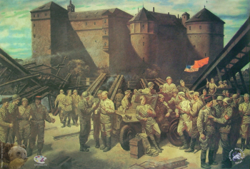 Сытов Александр Капитонович. Встреча на Эльбе 25 апреля 1945 года в городе Торгау. Холст, масло. 170х250. 1985. Центральный музей Вооруженных Сил Российской Федерации.