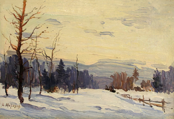 Морозов Александр Иванович (1902-1997). Околица зимой. Картон, масло. 11,5х16,4. 1950-е. Ивановский областной художественный музей.