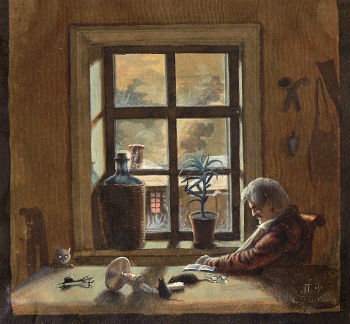 Федотов Павел Андреевич. Старик у окна. Бумага, акварель, темпера. 11,8х12,5. 1835. Художественная культура Русского Севера.